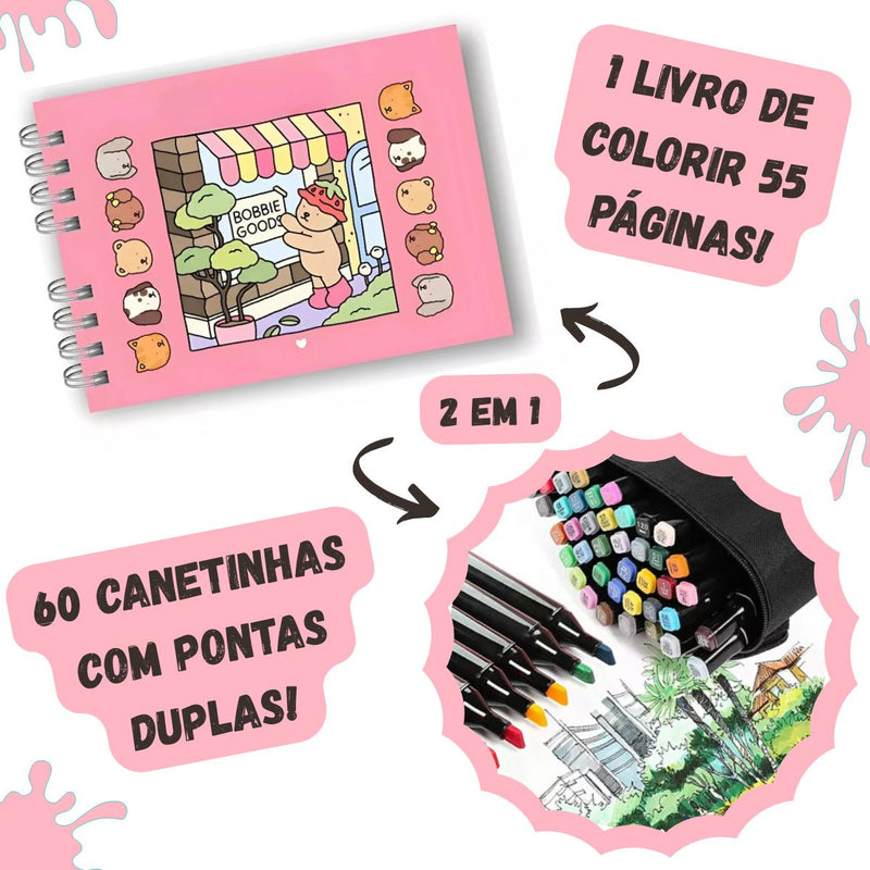 Kit Livro Colorir URSO BOB (Rosa) + 60 Canetas -  Estimula - MEGAGI